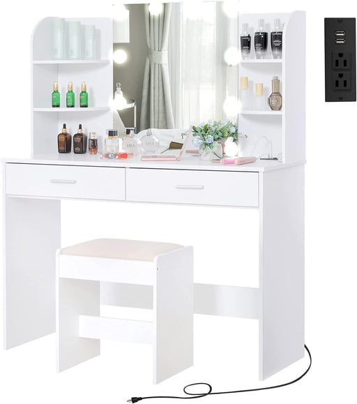 Large Vanity Set with Lighted Mirror, Charging Station (White)