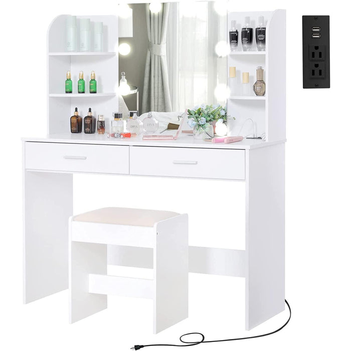 Large Vanity Set with Lighted Mirror, Charging Station (White)