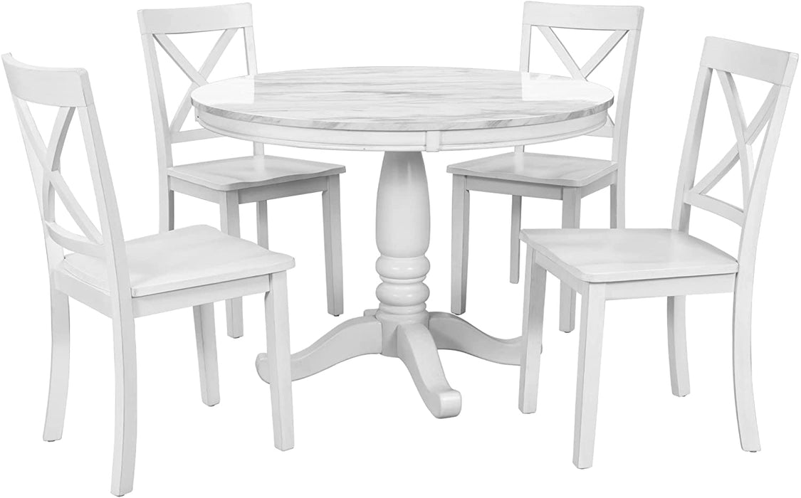 5-Piece round Marble Dining Table Set for 4, White