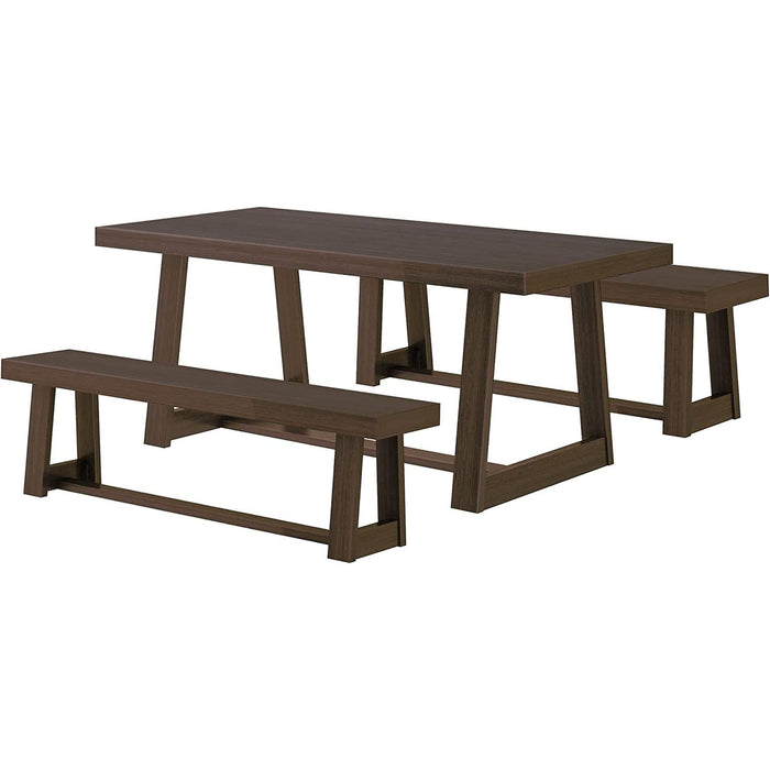 Farmhouse Solid Wood Dining Table Set with 2 Benches, Walnut