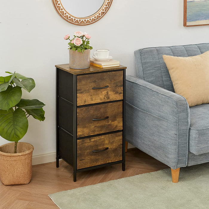 Rustic Brown Chest of Drawers with 3 Fabric Bins