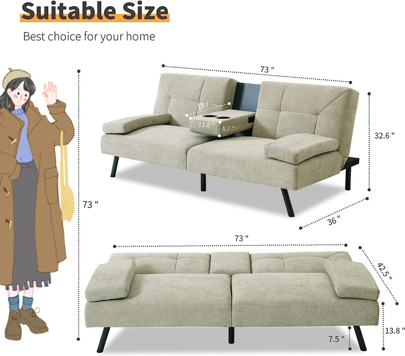 Convertible Futon Sofa Bed with Cup Holders