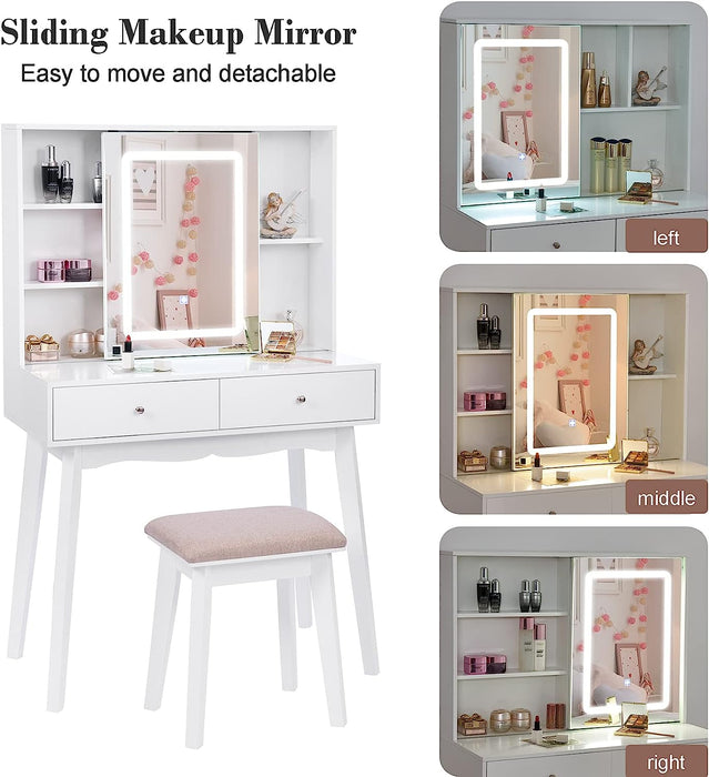 White Vanity Desk with Mirror, Lights, and Drawers