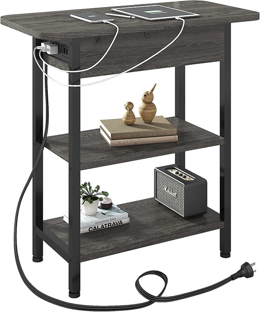 End Table with Charging Station, Flip Top Side Table for Small Spaces, Dark Grey