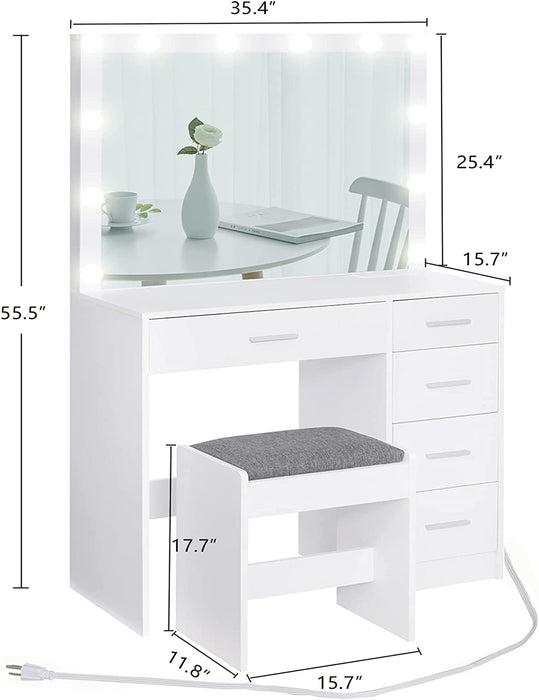 White Makeup Vanity Table Set with Large Mirror