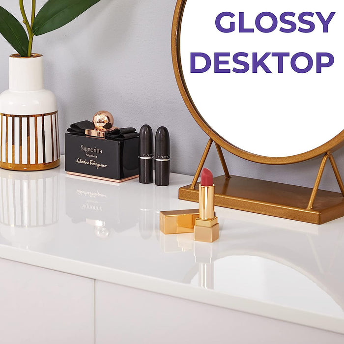 Glossy Top White and Gold 2-Drawer Vanity Desk