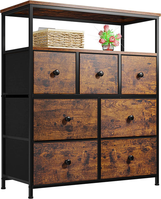 Rustic Brown Wooden Dresser with 7 Drawers and Open Shelves