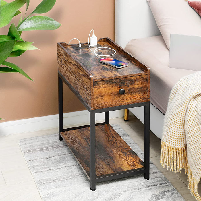 Rustic Narrow End Table Set of 2 with Charging Station