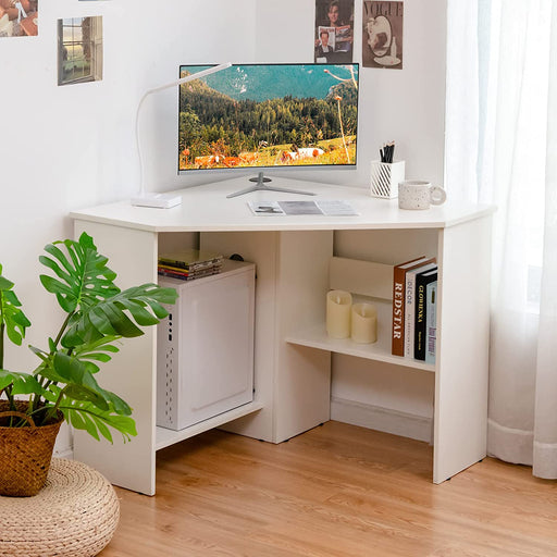Compact White Corner Desk with Storage Shelves