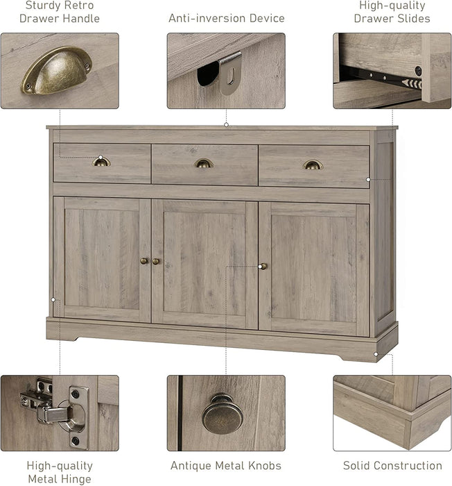 Farmhouse Buffet Server with Wine Cabinet and Drawers, Grey Wash