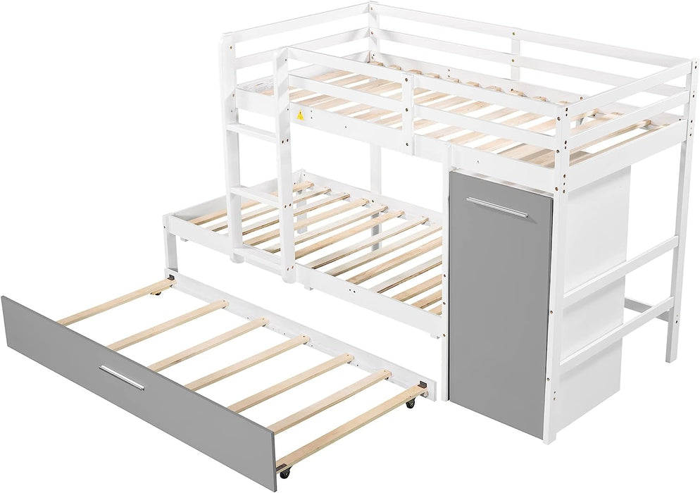 Wooden Twin Bunk Bed with Trundle and Built-In Storage Wardrobe