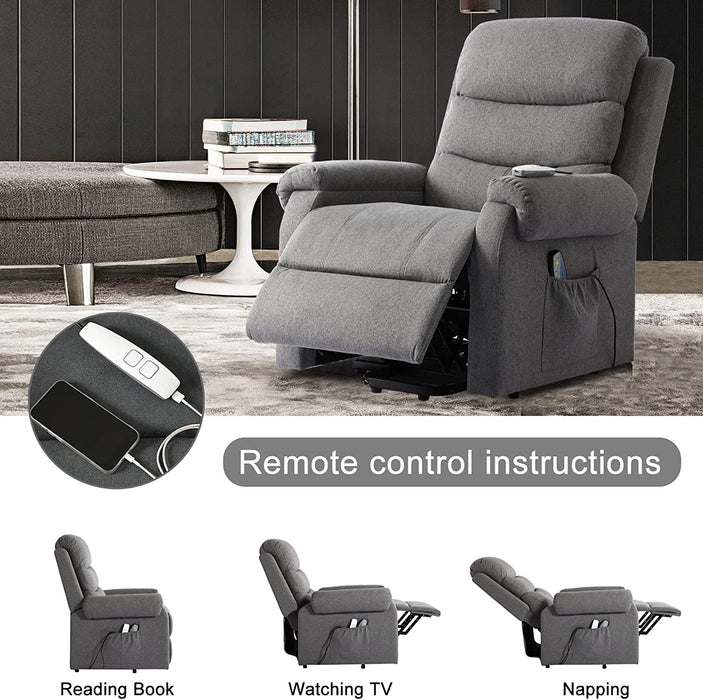 Grey Linen Electric Power Lift Recliner with Massage & Heat