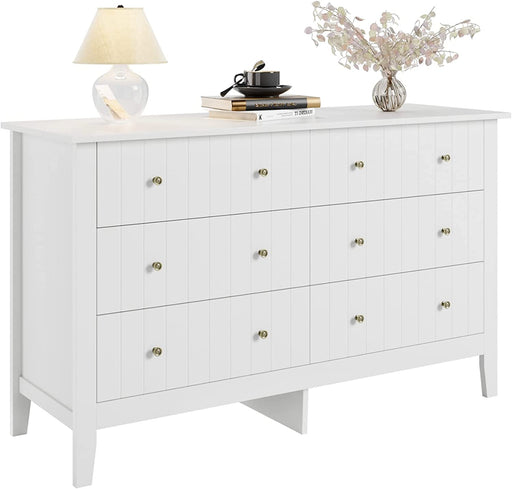 Modern White 6-Drawer Double Dresser, Wide Chest
