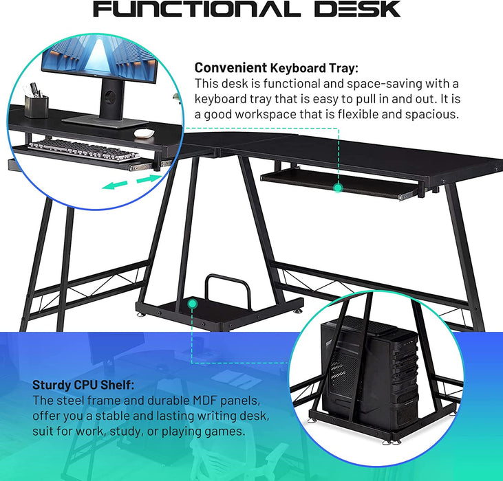 Jet Black L-Shaped Computer Desk with Stand