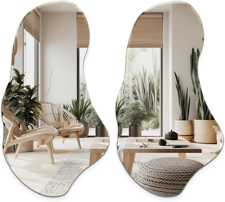 Irregular Wall Mirror, Set of 2, 31.5 X 17.5, Asymmetrical Curvy Groovy Blob Decor for Living Room Entryway Bathroom