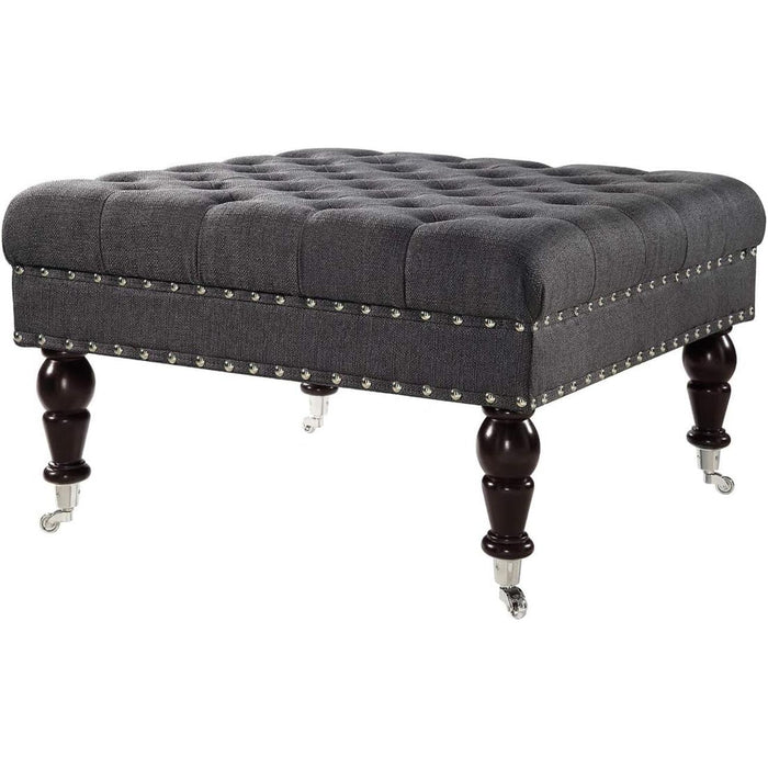 Charcoal Gray Tufted Ottoman with Rolling Wheels