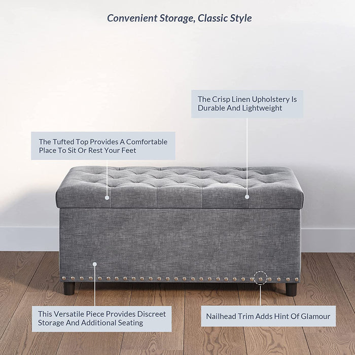 Button-Tufted Ottoman with Storage - Grey