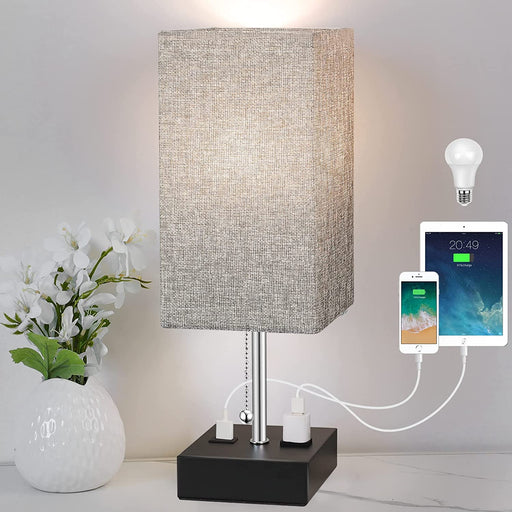 3-Color Temperature Bedside Lamp with USB Port and AC Outlet Table Lamps for Bedroom Lamps Nightstand Lamps with Grey Shade Bed Lamp Small Desk Lamps for Living Room (Bulb Included)