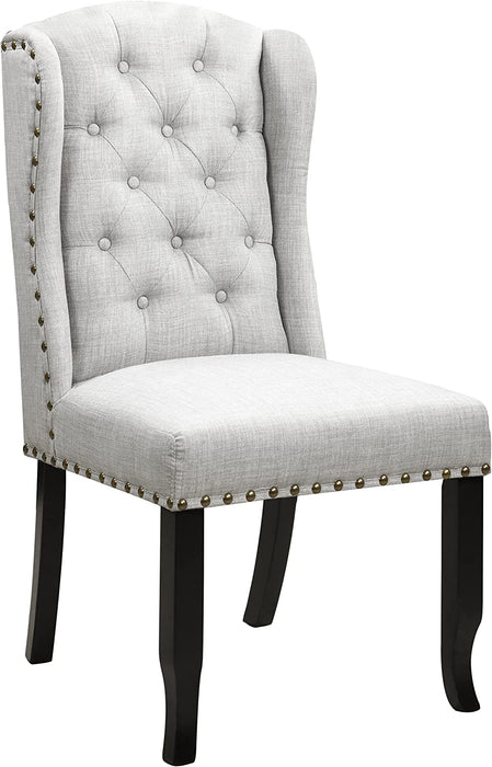 Set of 2 Grey Shira Dining Side Accent Wingback Chairs, Button Tufted, Faux Linen Upholstered, Goldtone Nailhead Trim, Espresso Wood Legs