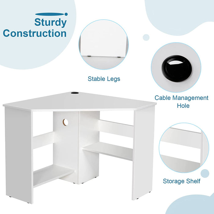 Compact White Corner Desk with Storage Shelves