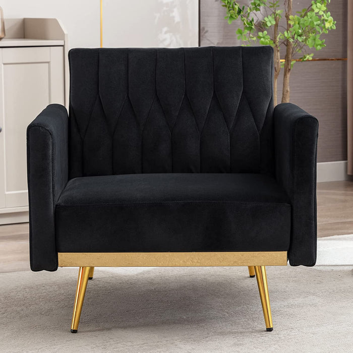 Black Velvet Lounge Chair with Ottoman, Adjustable Armrests