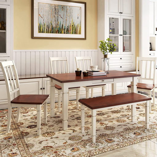 Brown and Cottage White 6-Piece Wood Dining Room Table Set with Drawers, Bench, and 4 Chairs