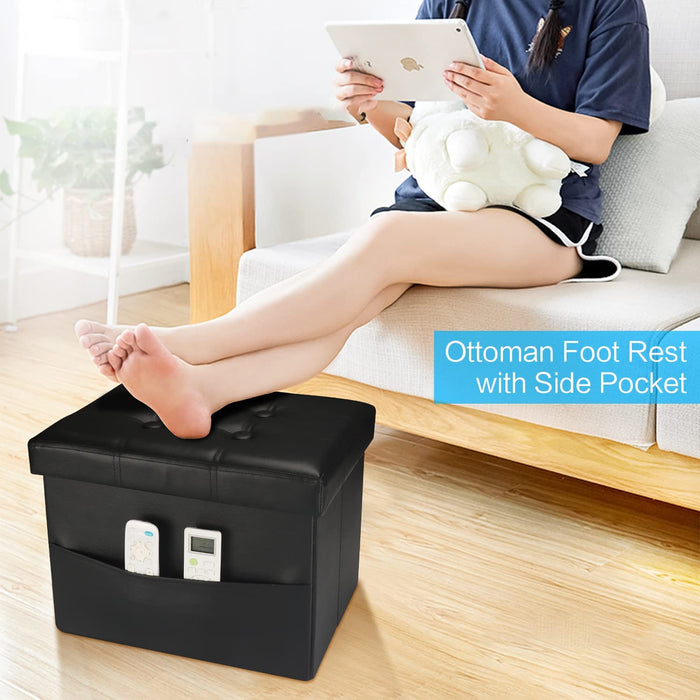 Black Leather Ottoman with Storage and Pocket