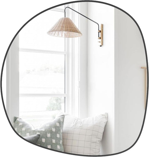 Irregular Mirror for Wall Decor 24"X24" Bathroom Mirror Asymmetrical Wall Mirror Wood Framed Mirror Modern Unique Oval Shape Vanity Mirror Wall Mounted Mirror Hanging for Living Room Entryway