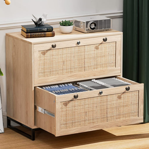 Lockable Wood Rattan File Cabinet for Home Office