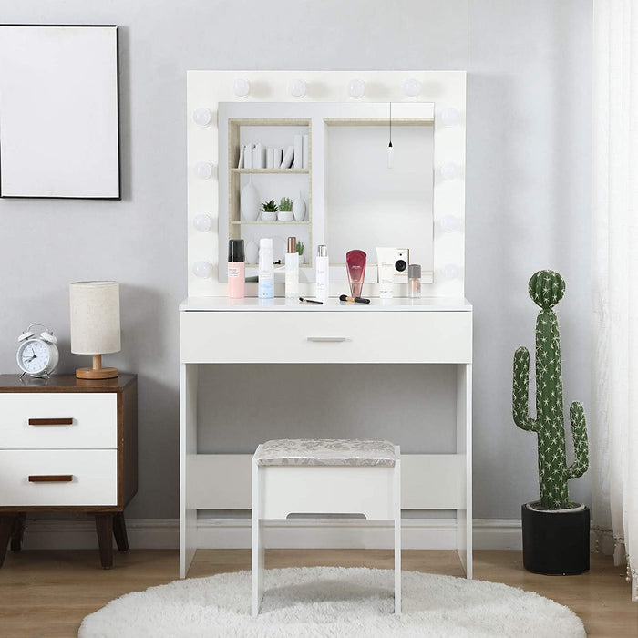 White Vanity Desk Set with Drawers and Bench