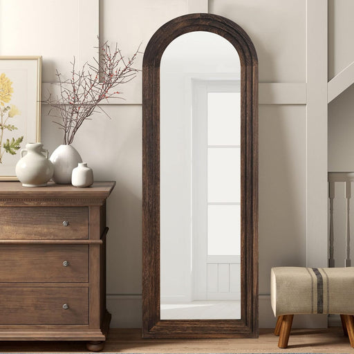 Wooden Arched Floor Mirror with Distressed Style - Wall Mounted Wide Frame Dressing Mirror for Bathroom, Bedroom, Living Room, Dining Room, Entryway, or Farmhouse Decor - Coffee Color - 64 x 21