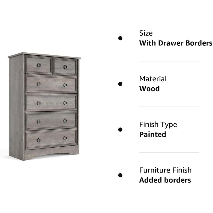 Gray Wash Tall Dresser with 6 Drawers for Bedroom Storage