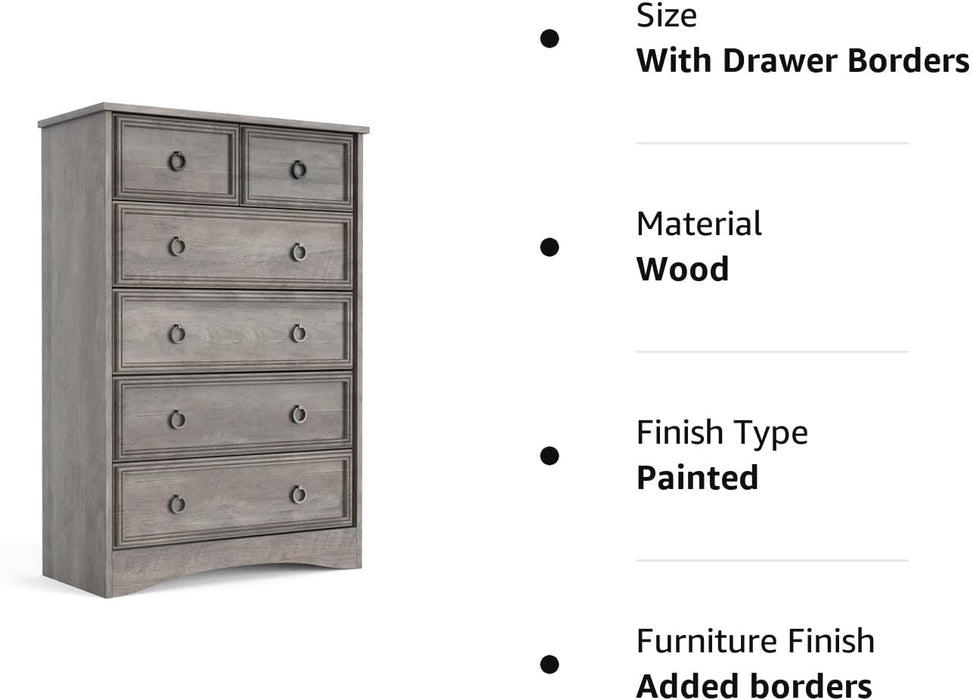 Gray Wash Tall Dresser with 6 Drawers for Bedroom Storage