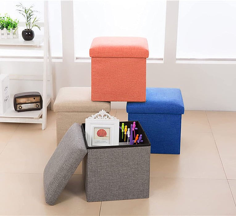 Linen Blue Ottoman Cube with Storage and Seat