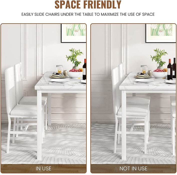 Faux Marble Dining Table Set for 4, All White