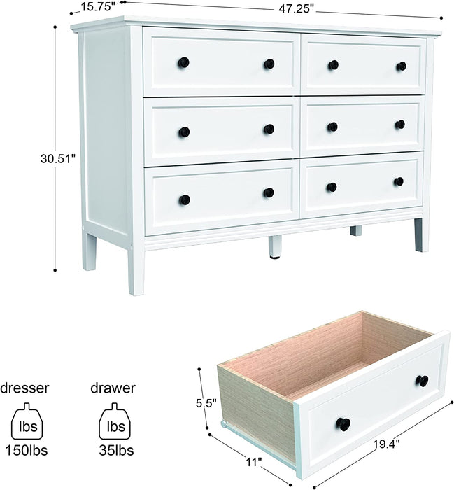 Modern White 6-Drawer Dresser with Metal Handles