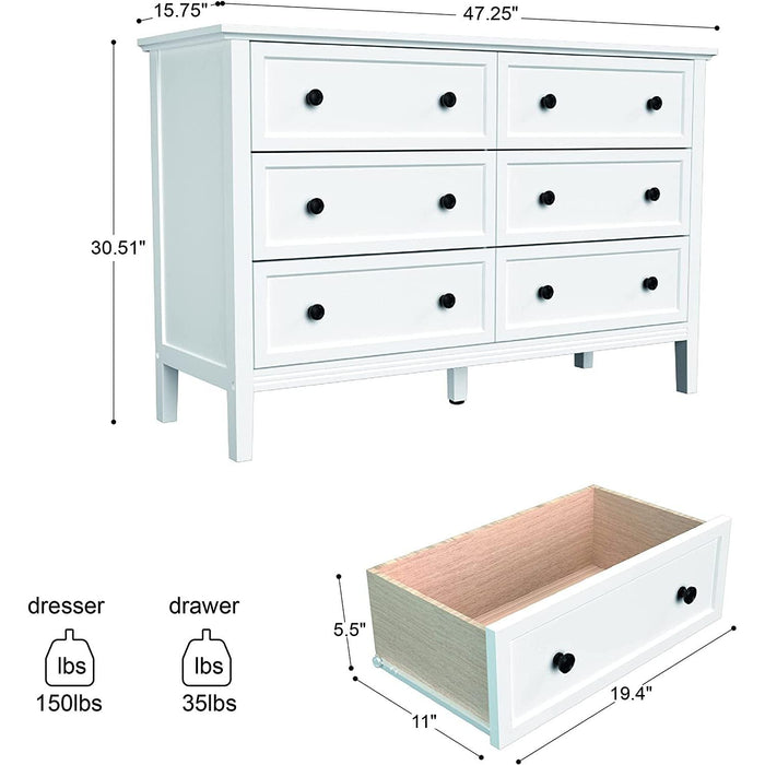 Modern White 6-Drawer Dresser with Metal Handles