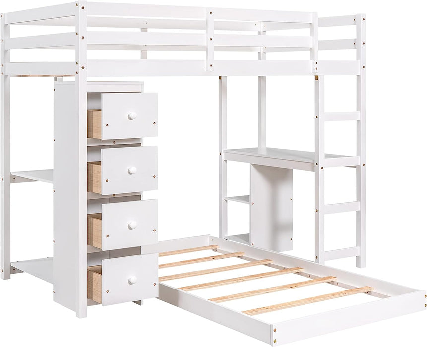 Twin Loft Bed with Desk and Storage Drawers, White