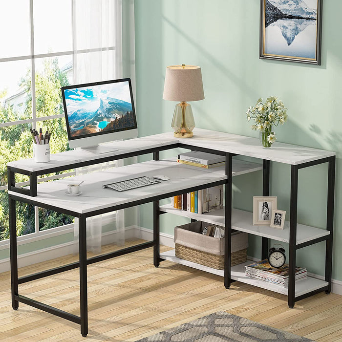 White Faux Marble L-Shaped Computer Desk