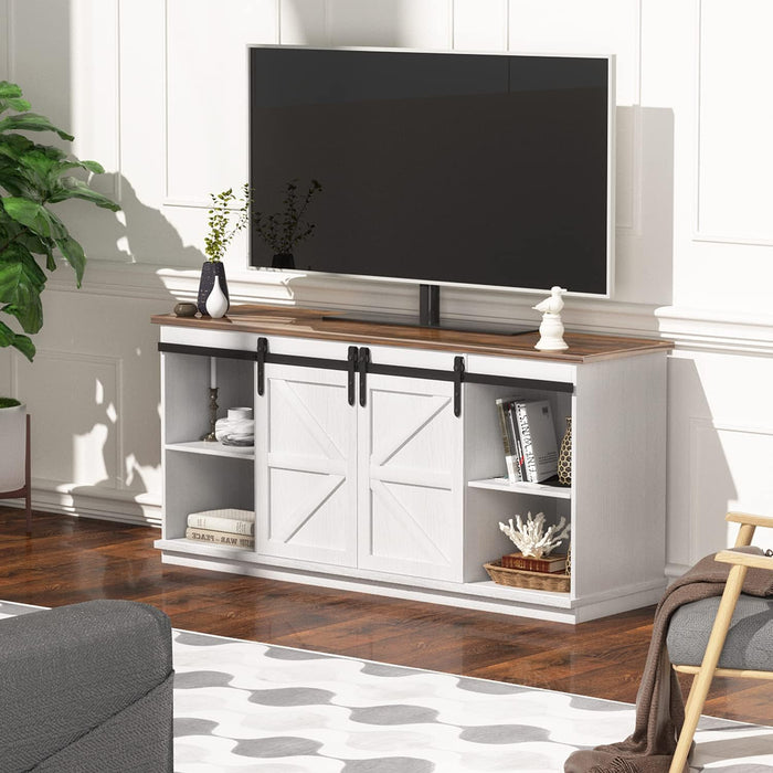 White Farmhouse TV Stand with Sliding Barn Doors
