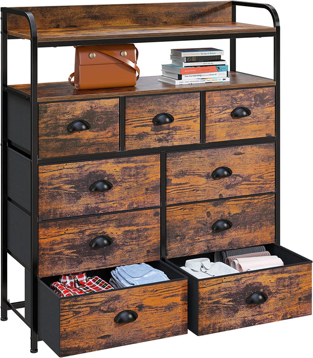 Rustic Brown 9-Drawer Fabric Tall Bedroom Chest