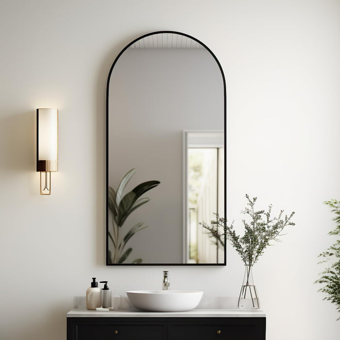 Arched Wall Mounted Mirror, 42"X24", Arch Black Mirror for Bathroom Vanity, Living Room or Bedroom, Entryway, Modern & Contemporary Arch Top Wall Mirror, Black, Iron Frame