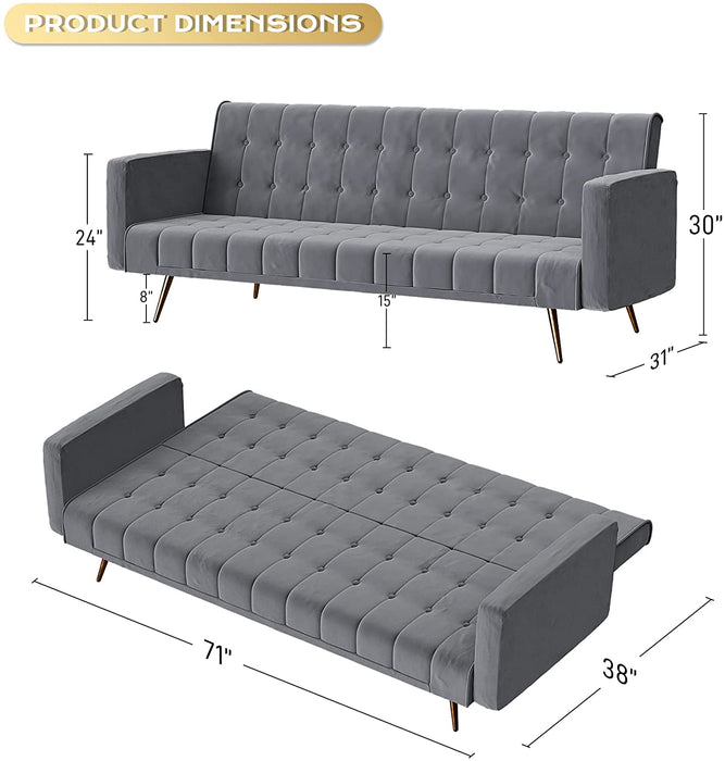 Grey Velvet Futon Sofa Bed with Adjustable Backrest