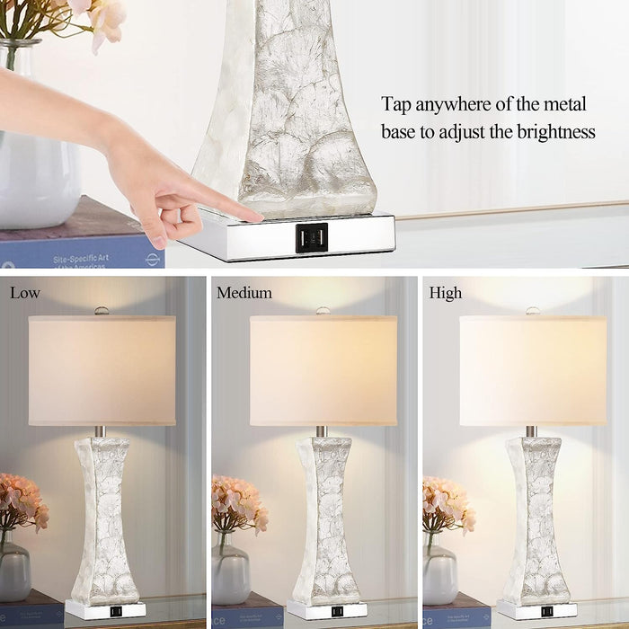 Coastal White Capiz Shell Nightstand Lamp Set of 2 with USB Ports