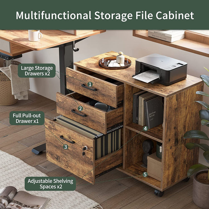 Rustic Brown Mobile File Cabinet with Lock