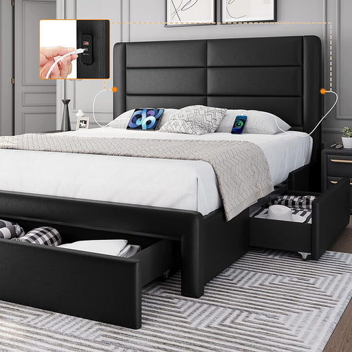 Full Size Leather Upholstered Platform Bed Frame, 3 Storage Drawers