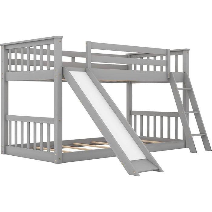 Grey Low Twin Bunk Bed with Slide and Ladder
