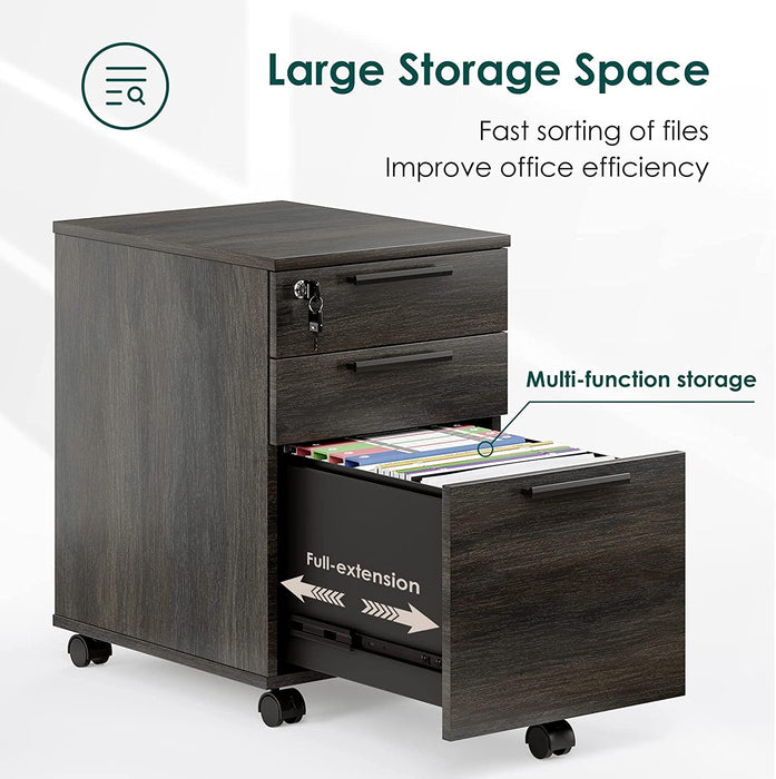 Walnut Locking File Cabinet with Rolling Casters