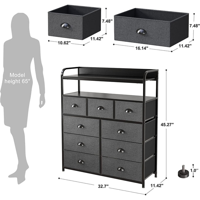 Dark Grey 9-Drawer Fabric Tall Bedroom Dresser
