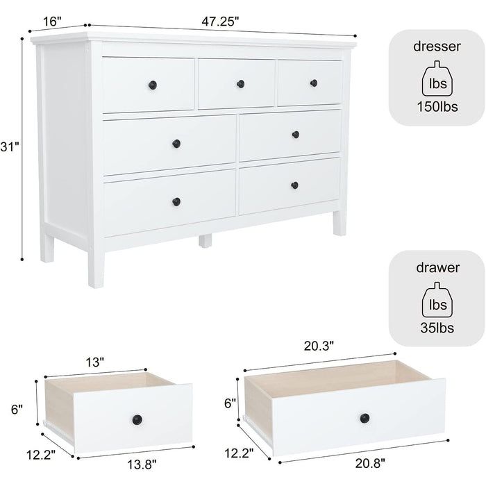 White 7-Drawer Modern Dresser with Solid Wood Legs